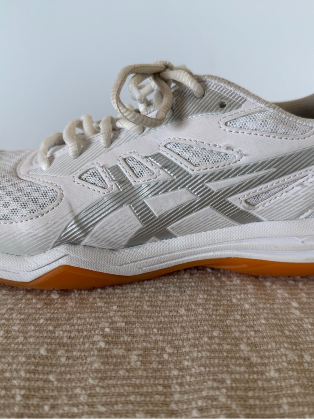 Asics White Silver Trainer with Orange Outsole
